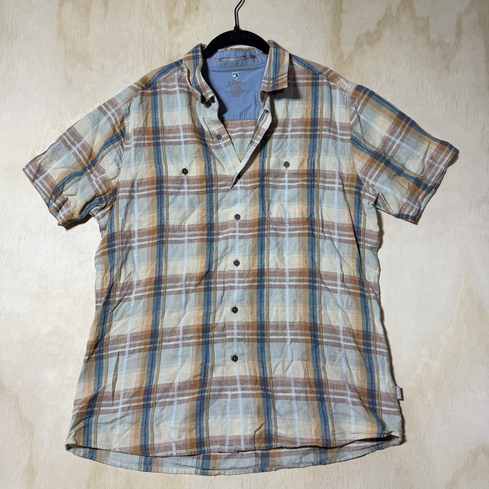 Kuhl Linen Cotton Plaid Button Up Shirt Mens Large Hiking Outdoor Camping EUC